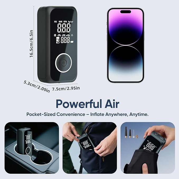 Cordless Tire Inflator Portable Air Compressor, Mini Portable Air Pump with Rechargeable Battery, Tire Pressure Gauge, 150PSI with Auto Shut-off, Smart Air Pump for Car, Motorcycle, Bike, Ball(White)