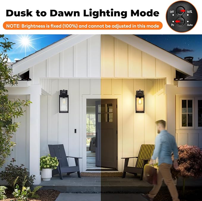 13.6" Motion Sensor Outdoor Wall Sconce Lantern, Exterior Waterproof Wall Lights Fixtures with Water-Rippled Glass, Black Outside Mount Lighting for House, Porch, Garage, Patio, Bulbs Not Included