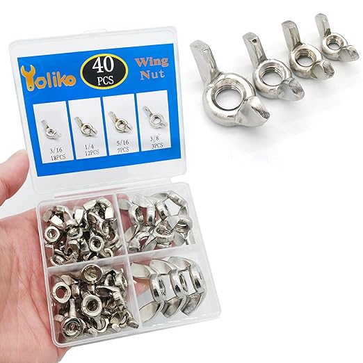 40 Pcs 4 Sizes 3/8,5/16",1/4",3/16"(10#), Wingnuts, 304 Stainless Steel Wing Nuts Fasteners Parts Butterfly Nut, Hand Twist Tighten Hardware Nuts Butterfly Wing-Nut Assorted Kit