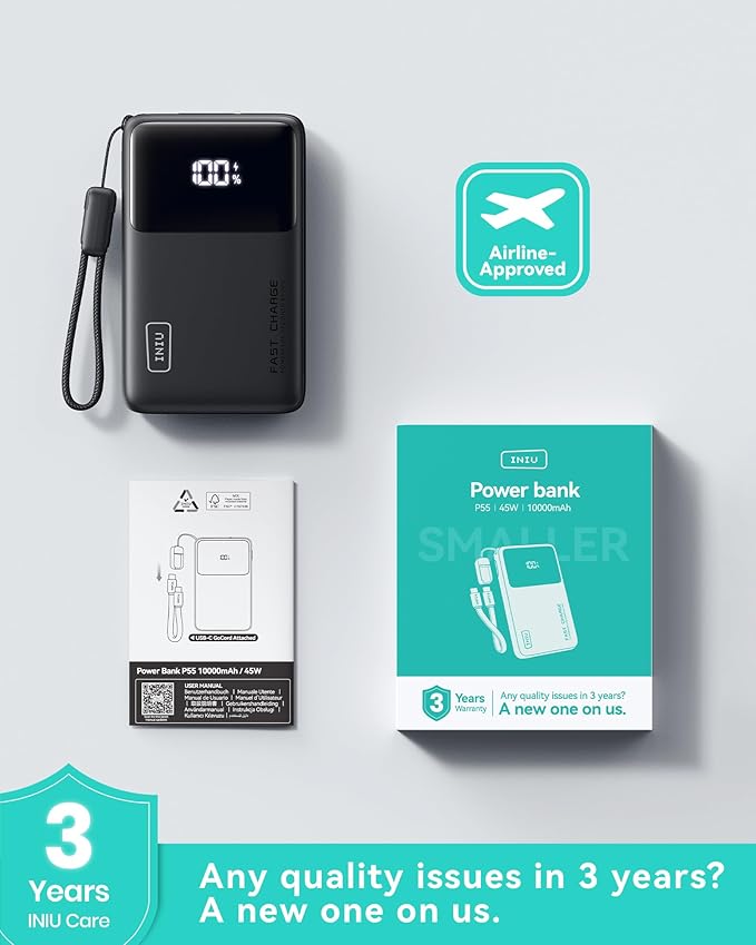 INIU Portable Charger, Slimmest 10000mAh 45W PD Fast Charging Power Bank, USB C in&Out Mini Battery Pack, Travel Essential Phone Powerbank for iPhone 17 16 15 Air Samsung S25 S24 Google Pixel iPad etc