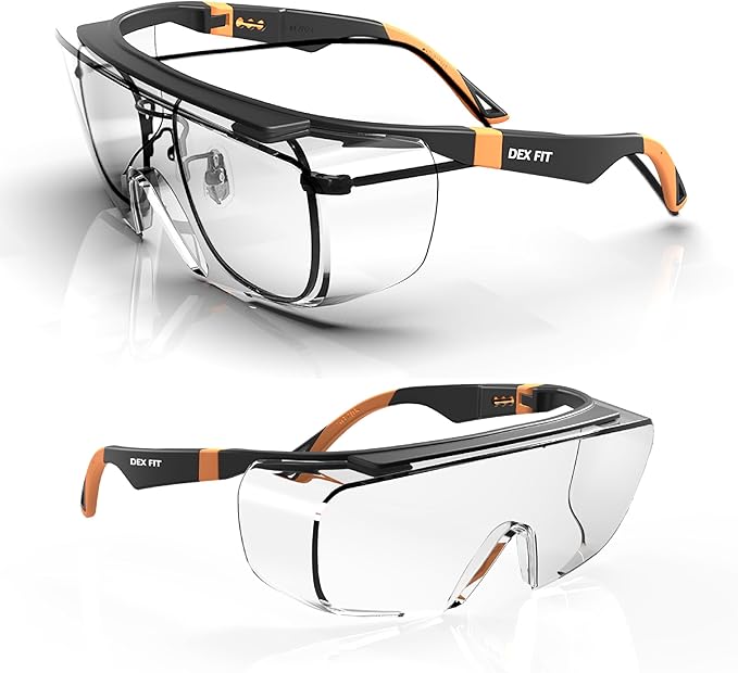 DEX FIT Safety Work Over Glasses SG210 OTG; Z87 Eye Protection for Men & Women, Fog & Scratch Resistant, Adjustable, UV Block (Black & Orange Frame, Clear Lens)