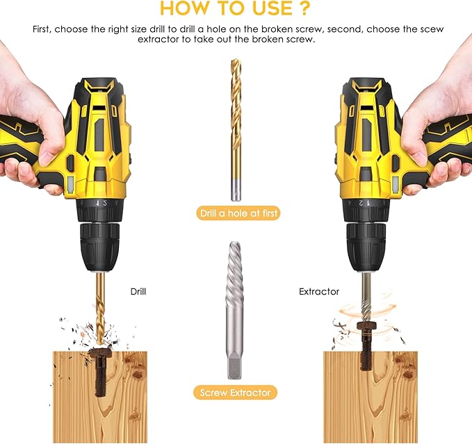 REXBETI 26-Piece Bolt Extractor Screw Extractor Set and Cobalt Drill Bit Set, Case with 13-Piece Bolt Extractor, 6-Piece HSS Drill Bit, 6-Piece Spiral Screw Extractor and 1-Piece Socket Adapter