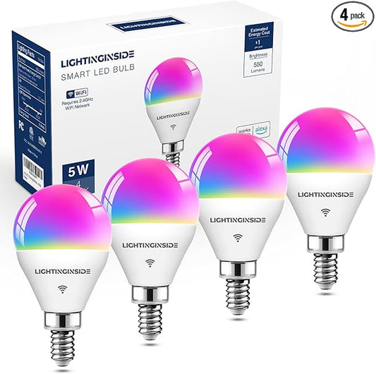 E12 Smart Light Bulbs 50W Equiv., G16.5 RGBCW Candelabra Chandelier Ceiling Fan Smart Bulb Works with Alexa/Google Home/Smart Life, 5W 550LM, 2.4G WiFi Bluetooth Bulb, ETL Listed, 4PCS