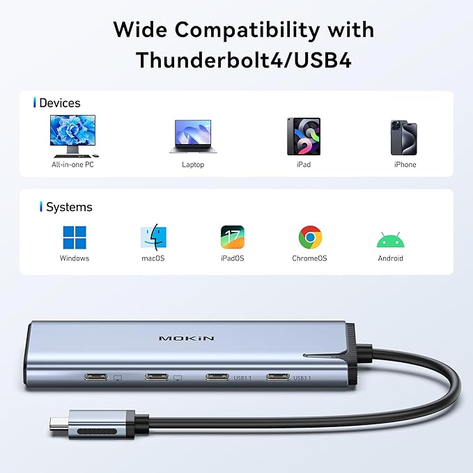 USB C to USB C Hub Dual Monitor, USBC Splitter with 4K@60Hz DP Alt Mode Video Output, 10Gbps Data Transfer, 100W PD Charging, Dual Monitor Adapter for Laptop, Portable Monitor and More Type C Devices