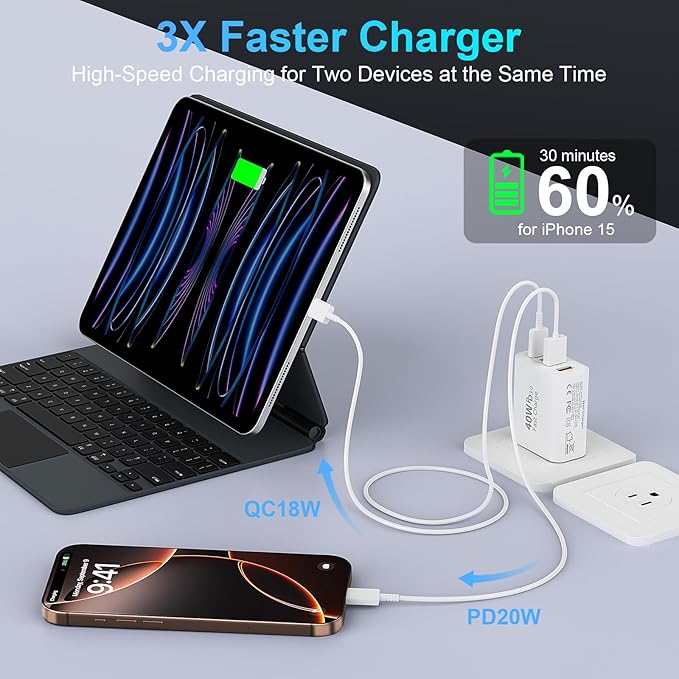 USB C Charging Block, 40W Type C Wall Charger Block 4-Port PD 3.0 & QC Multiport iPhone 16 15 Fast Charger Cube Wall Plug Brick for iPhone 16/15/14/13/12/Pro Max,iPad Pro/Air,Samsung Galaxy S25/S24