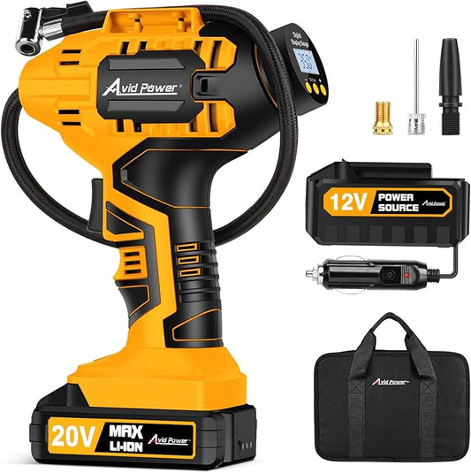 Avid Power Tire Inflator Portable Air Compressor, 20V Cordless Car Tire Pump with Rechargeable Li-ion Battery, 12V DC Adapter, Digital Pressure Gauge, Battery Powered Tire Inflator (Industrial Yellow)
