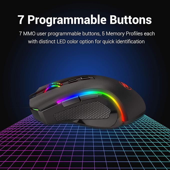 Redragon M602 Griffin RGB Gaming Mouse, RGB Spectrum Backlit Ergonomic Mouse with 7 Programmable Backlight Modes up to 7200 DPI for Windows PC Gamers (Black, Wireless)