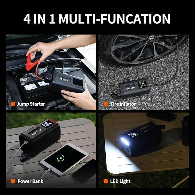 4-in-1 Dual Cylinder tire inflator with Jump Starter,4000A Portable Car Battery Charger up to 8.0L Engine,160 PSI Dual Power Car Air Pump Cordless Air Compressor,20000 mAh PD 65W Powerbank
