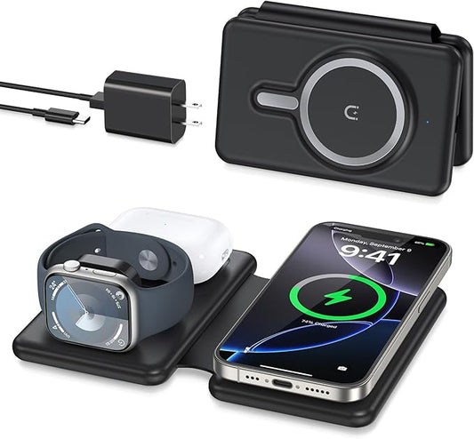 Wireless Charger iPhone - 3 in 1 Charging Station for Apple Devices for iPhone 16 15 14 13 12 Pro Max Plus - Foldable Magnetic Charging Pad for Apple Watch Series & Airpods Series