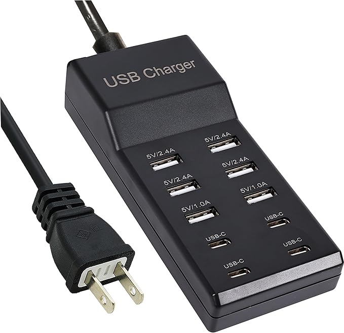 USB Charger, Charging Station with 10-Port for Phones, Watch,Tablets, Smartphones (Black, 6 USB-A & 4 USB-C)