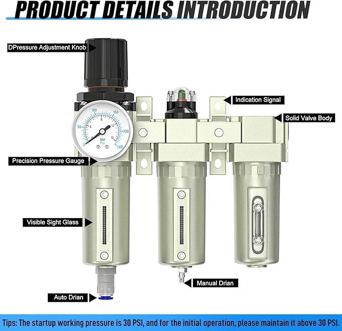 1/2" NPT Heavy Duty Industrial Grade 3 Stage Air Drying System, Auto Drain, Coalescing Filter, Particulate Filter, Desiccant Dryer and Air Regulator For Plasma Cutter and Paint Spray