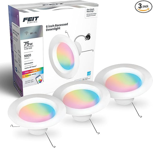Feit Electric Smart Recessed Downlights, 5/6-Inch, 75W Equivalent, Color-Changing & Tunable White, 1000 Lumens, Dimmable, Compatible with Alexa/Google Assistant, LEDR6/RGBW/AG/3, 3 Pack