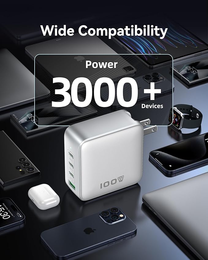 100W USB C Charger, 4-Port GaN Charger Block Charging Station, Foldable and Compact Fast Wall Charging Power Adapter for MacBook, iPad, iPhone Series, Galaxy S24/S23, Steam Deck, Google Pixelbook