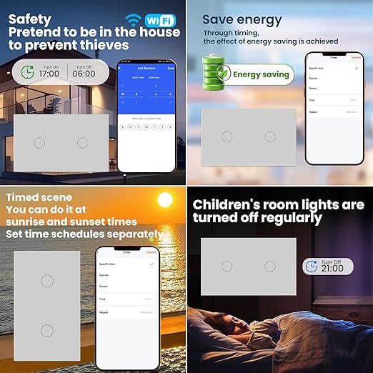 Smart Light Switch 3 Way Need Neutral Wire,FCC Certified,2.4GHz WiFi Switch Glass Panel APP Control Timer Work with Tuya/Smart Life,Alexa and Google Home,Grey 2 Gang