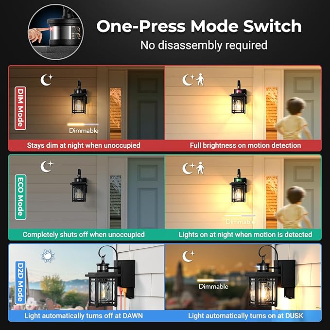 Outdoor Porch Light with GFCI Outlet, Motion Sensor Outdoor Light Fixtures Wall Mount, Black Exterior Wall Sconce Lantern with Ripple Glass, Anti-Rust Coach Lights for Garage, Patio, Front Door