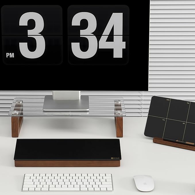 YEOUX Multi-Purpose Desktop Stand, Clear Floating Computer Monitor Riser with Natural Wood Base, Desk Organization Shelf for Printer, Laptop, Audio Device, Flat Screen