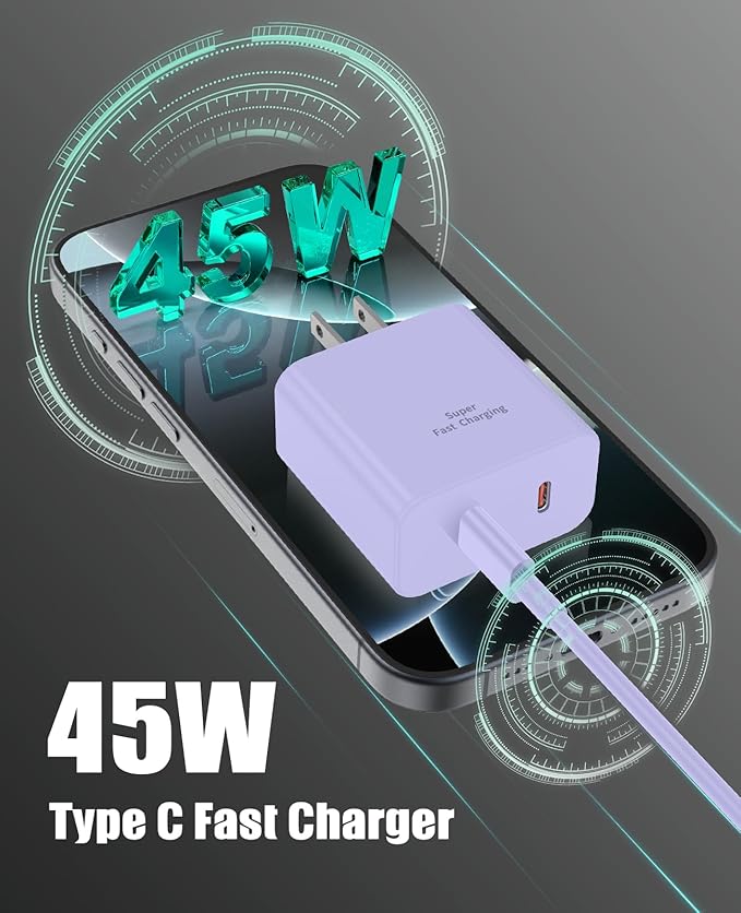 2 Pack 45W Super Fast Charger Type C for Samsung, USB C Android Phone Charger Fast Charging Block with 6FT/10FT Type C Charger Cord for Samsung Galaxy S25/S24/S23/S22+ Ultra/iPhone 17/16/15-Purple