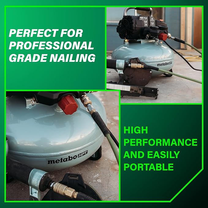 Metabo HPT Pancake Air Compressor, 6-Gallon 165PSI, Portable Air Compressor with 1.0 HP Oil-Free High Efficiency Motor, Lihghtweight, Quick Couplers for Fast Tool Changes, EC711S