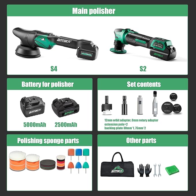 BATOCA S4 Cordless Polisher 3"/1" DA/RO Polisher- Brushless Motor & S2 Cordless Car Buffer - LED Display, 5Ah+2.5Ah Interchangeable 2 Batteries for Car Detailing, Headlight Restoration, PRO Combo Kit
