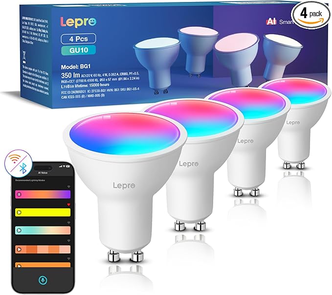 Lepro BG1 AI GU10 Smart Bulb - RGBCW Dimmable Color Changing LED Bulbs, Compatible with Alexa & Google Assistant, AI Voice Control via App(No Remote), AI Music Sync, 2.4G WiFi Only, 4 Pack