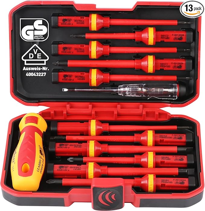 1000V Insulated Electrician Screwdriver Set - 13-Piece Professional Electrical Screwdriver Set Insulation Handle CRV Steel Magnetic Phillips Slotted Pozi Torx Tips VDE & GS Certified