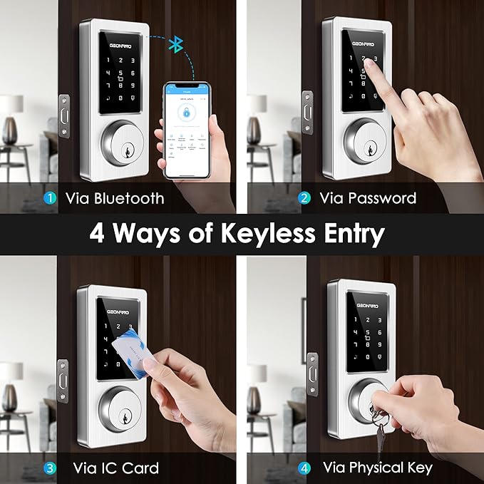 Keyless Entry Door Lock, Smart Deadbolt Lock with Bluetooth App, Electronic Keypad, IC Card, Spare Keys, Security Waterproof Smart Lock Easy Install USB Ideal for Home Use, Office, Hotel.(Sliver)