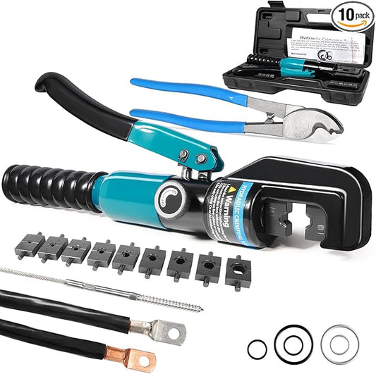 10 Tons Hydraulic Crimping Tool, Hydraulic Crimper for 12 AWG to 2/0 AWG Battery Cable,1/16" 1/8" 3/16" Stainless Steel Cable, Battery Cable Crimper Tool with Cable Cutter & 9 Dies