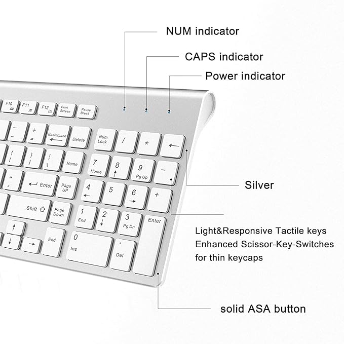 J JOYACCESS Wireless Keyboard and Mouse, Slim Wireless Keyboard Mouse with Numeric Keypad Compatible with iMac Mac PC Laptop Tablet Computer Windows (Silver White)