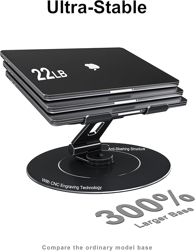 Ultra-Stable Swivel Laptop Stand for Desk with 360 Rotating Larger Base, Military-Grade Aluminum Anti-Loosening Structure - Height Adjustable Laptop Stand Suitable for 10-17.3 inch