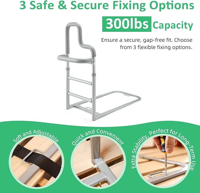 Dual Bar Bed Rail for Elderly Adults Safety with Storage Pocket, Bed Assist Rail for Seniors for Easily Getting in & Out of Bed, Bed Rails Fits King, Queen, Full, Twin Bed - Grey