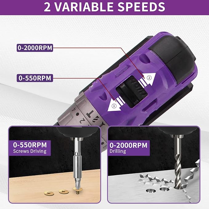 Brushless Cordless Drill Set, 20V Compact Power Driver, Purple Electric Motor, 20+3 Torque Setting, 48 N.m, 2 Variable Speed, 23pcs Driver Bits, With Tool Box