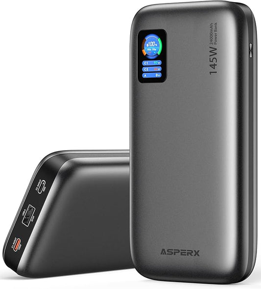 AsperX Laptop Power Bank,24,000mAh 145W PD 3.1 Fast Charging Portable Charger, TFT Smart Display USB C Battery Pack(86.4Wh) for MacBook/iPhone 17/Dell XPS/Galaxy S25/Steam Deck/ipad (Flight-Approved)