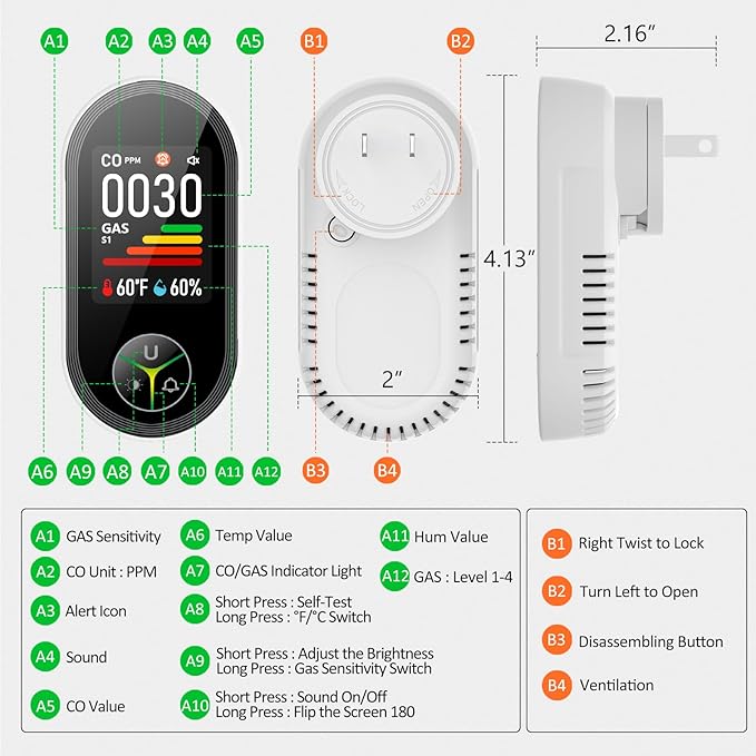 4-in-1 Carbon Monoxide Detectors & Natural Gas Leak Detector Plug in, Combination CO Detector & Combustible Gas, LPG, Methane, Propane Alarm (2 Pack)