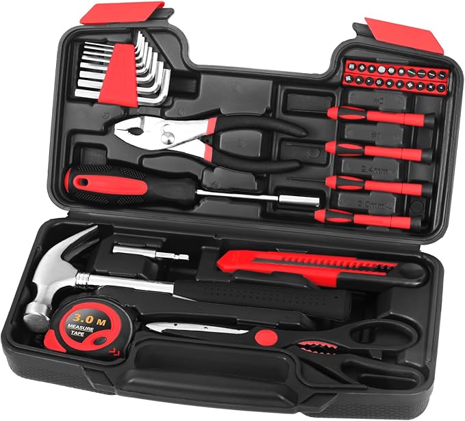 39-Piece Household Tool Set with Toolbox Storage Case - All Purpose Small Hand Tool Kit Includes Essential Tools for Home, Office, College Repairs, Red