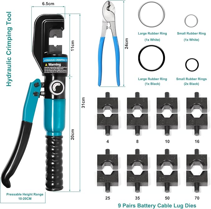 10 Tons Hydraulic Crimping Tool, Hydraulic Crimper for 12 AWG to 2/0 AWG Battery Cable,1/16" 1/8" 3/16" Stainless Steel Cable, Battery Cable Crimper Tool with Cable Cutter & 9 Dies