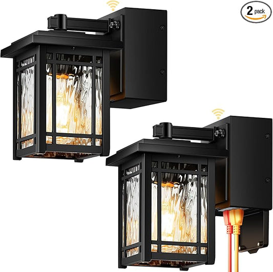 2-Pack Porch Light with GFCI Outlet, Black Dusk to Dawn Outdoor Lantern Wall Mount, Modern Outdoor Sconces Wall Lighting with Glass Shade, Waterproof Outdoor Light Fixtures for House, Garage