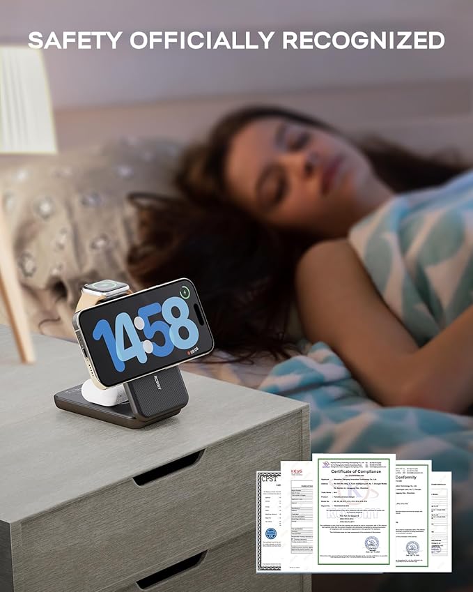 RORRY Portable Charger, 3-in-1 Charging Station 10000mAh Portable Charger Power Bank for MagSafe Foldable Battery Pack Travel for iPhone 16/15/14/13/12, for Apple Watch 10/9/8/7/6/5/Ultra/2, Black