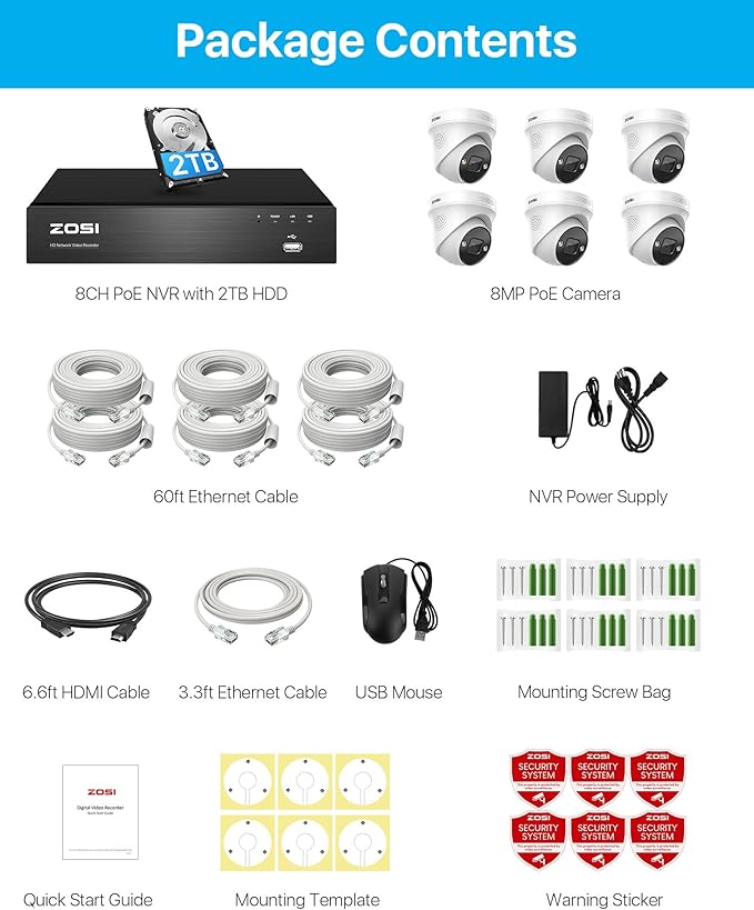 ZOSI 4K PoE Security Camera System, Person Vehicle Detection, 6pcs 4K Indoor Outdoor Spotlight PoE Cameras, Night Vision, 2 Way Audio, 8CH 8MP Home Surveillance NVR with 2TB HDD for 24/7 Recording