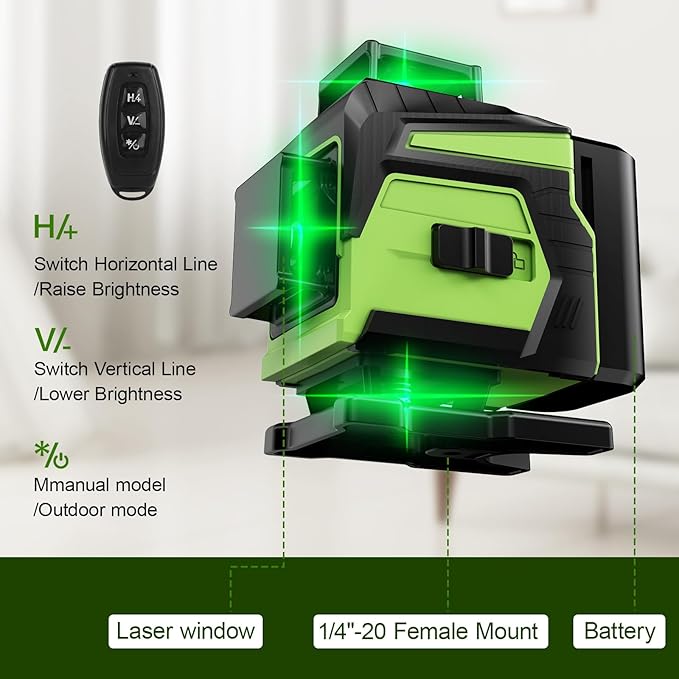 16 Line Laser Level 360 Self Leveling,Professional 4x360°Green Cross Line laser Level Tool for Construction and Picture Hanging,lazer leveler tool with 2 Batteries,Magnetic Bracket & Remote Control