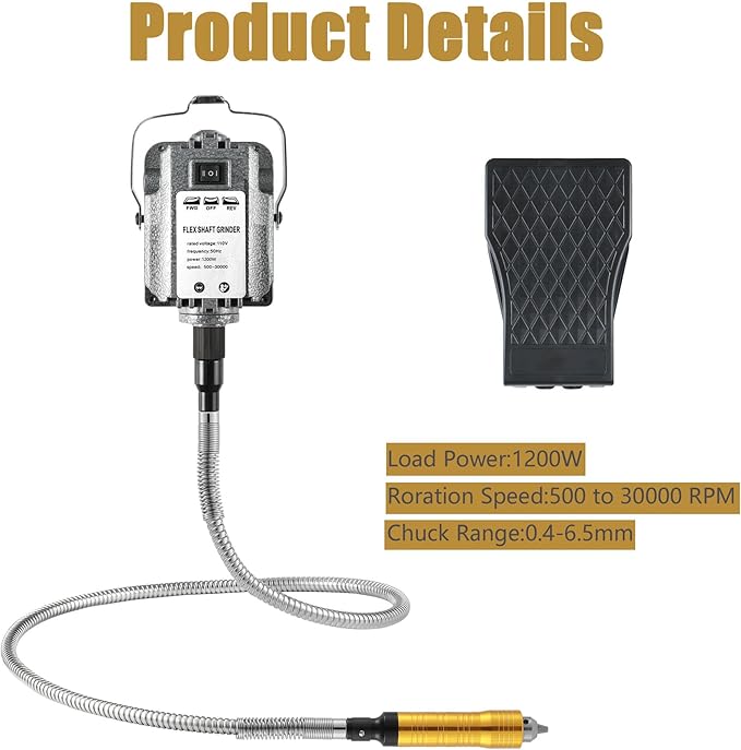 FlySkip Flex Shaft Rotary Tool with Foot Pedal Control,High-Powered 1200W Flex Shaft Grinder,30000RPM Hanging Grinding Machine 6.5mm Rotary Carver for Jewelry Polishing Grinding Sanding Metalworking