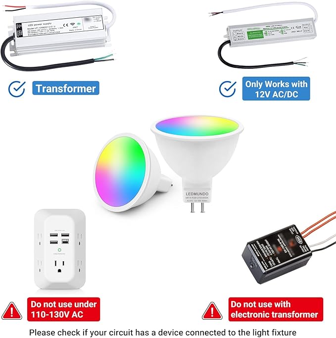 Smart MR16 LED Light Bulbs 5W, GU5.3 Bi-Pin Base, Compatible with Alexa/Google Assistant, AC/DC 12V, RGBCW Smart MR16 Bulb, WiFi Smart Spotlight Indoor Decoration, Dimmable, 3PCS