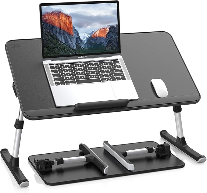 SAIJI PU Leather Laptop Bed Tray Table, Adjustable Laptop Stand with Removable Stopper, Portable Lap Desks with Foldable Legs, Notebook Stand Breakfast Reading Desk for Sofa Couch(Large, Black)