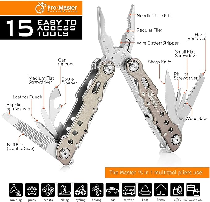 15-in-1 Multitool Pocket Knife, Multipurpose Stainless Steel All In One Tool for Camping Hiking Survival Travel Home - Portable Heavy Duty Folding Utility Multi Tool with Self-Locking