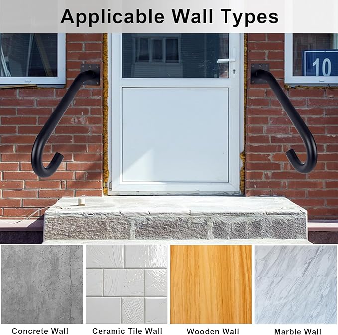 2 Pcs Handrails for Outdoor Steps Stair Railing Indoor, Handrail for 1-3 Steps,Half U Design Universal Stairs Wall Mounted Metal Handrail for Elderly,Included Hardware