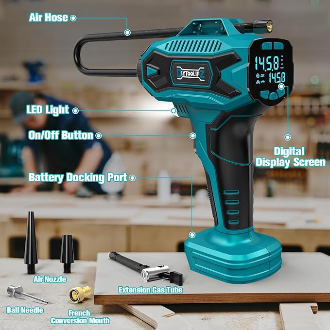 Cordless Tire Inflator Air Compressor Compatible with Makita 18V Max Battery, 160PSI Portable Handheld Air Pump with Digital Pressure Gauge, Fast Inflation for Cars, Motorcycles, Bikes(Bare Tool)