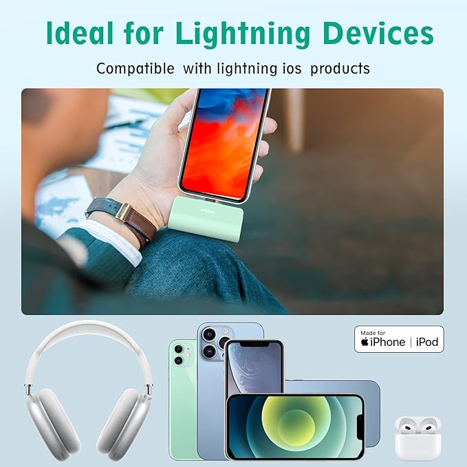 KKD Portable Charger for iPhone, Built-in MFi Certified Plug, 5000mAh Small Portable Phone Charger Power Bank for iPhone 14/13/12/11/XR/X/SE/8/7/6/6s/Pro Max/Plus,AirPods,iPad,Green