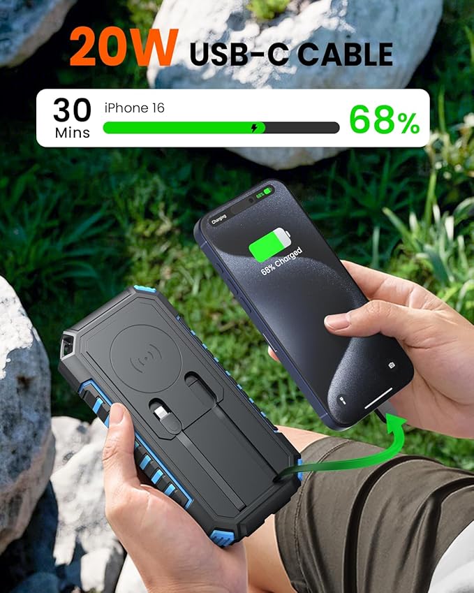 Riapow Solar Charger Power Bank - 27000mAh Wireless Portable Charger Built in Cables - 22.5W Fast Charging Battery Bank with USB C - PD QC3.0 External Battery Pack for iPhone Flashlights for Outdoor