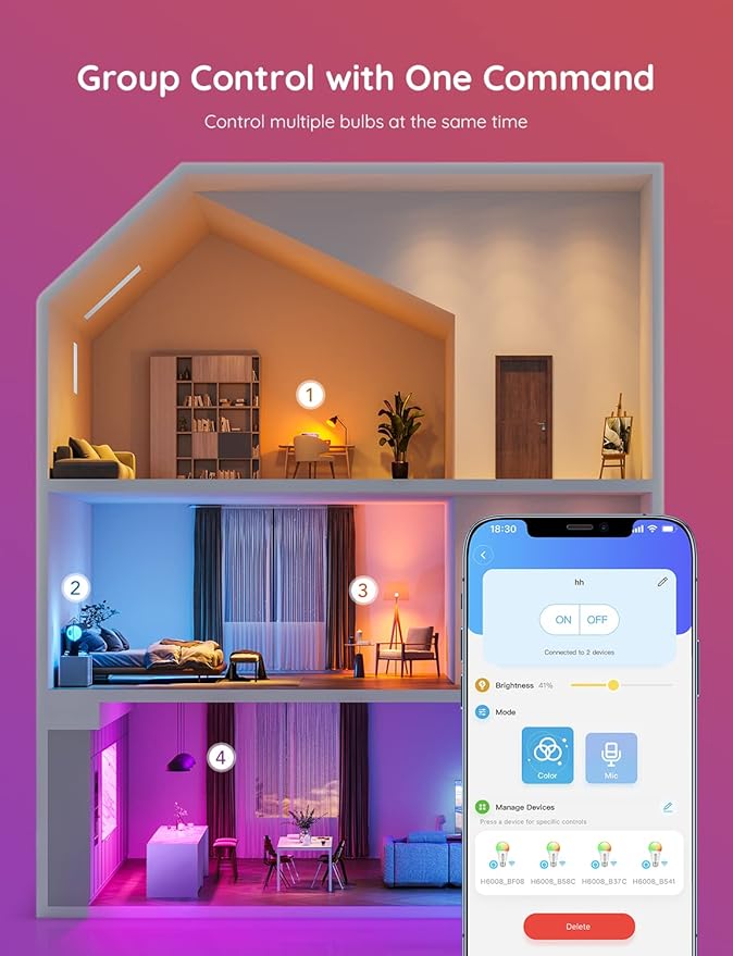Govee Smart Light Bulbs, Color Changing Light Bulb, Work with Alexa and Google Assistant, 16 Million Colors RGBWW, WiFi & Bluetooth LED Light Bulbs, Music Sync, A19, 800 Lumens, 4 Pack