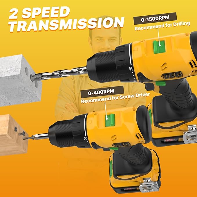 12V MAX Cordless Drill,Electric Power Drill Set with Battery & Charger, 3/8-Inch Keyless Chuck, 2 Variable Speed, 20+1 Torque Setting Power Tools Kit