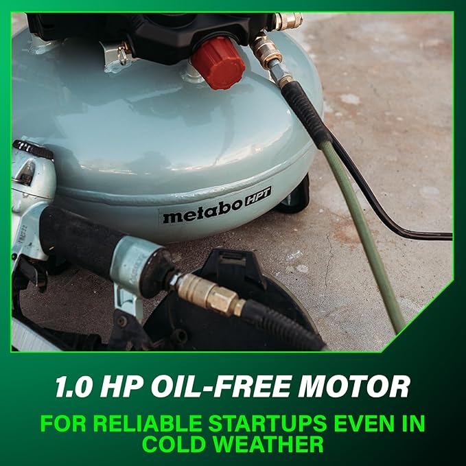 Metabo HPT Pancake Air Compressor, 6-Gallon 165PSI, Portable Air Compressor with 1.0 HP Oil-Free High Efficiency Motor, Lihghtweight, Quick Couplers for Fast Tool Changes, EC711S